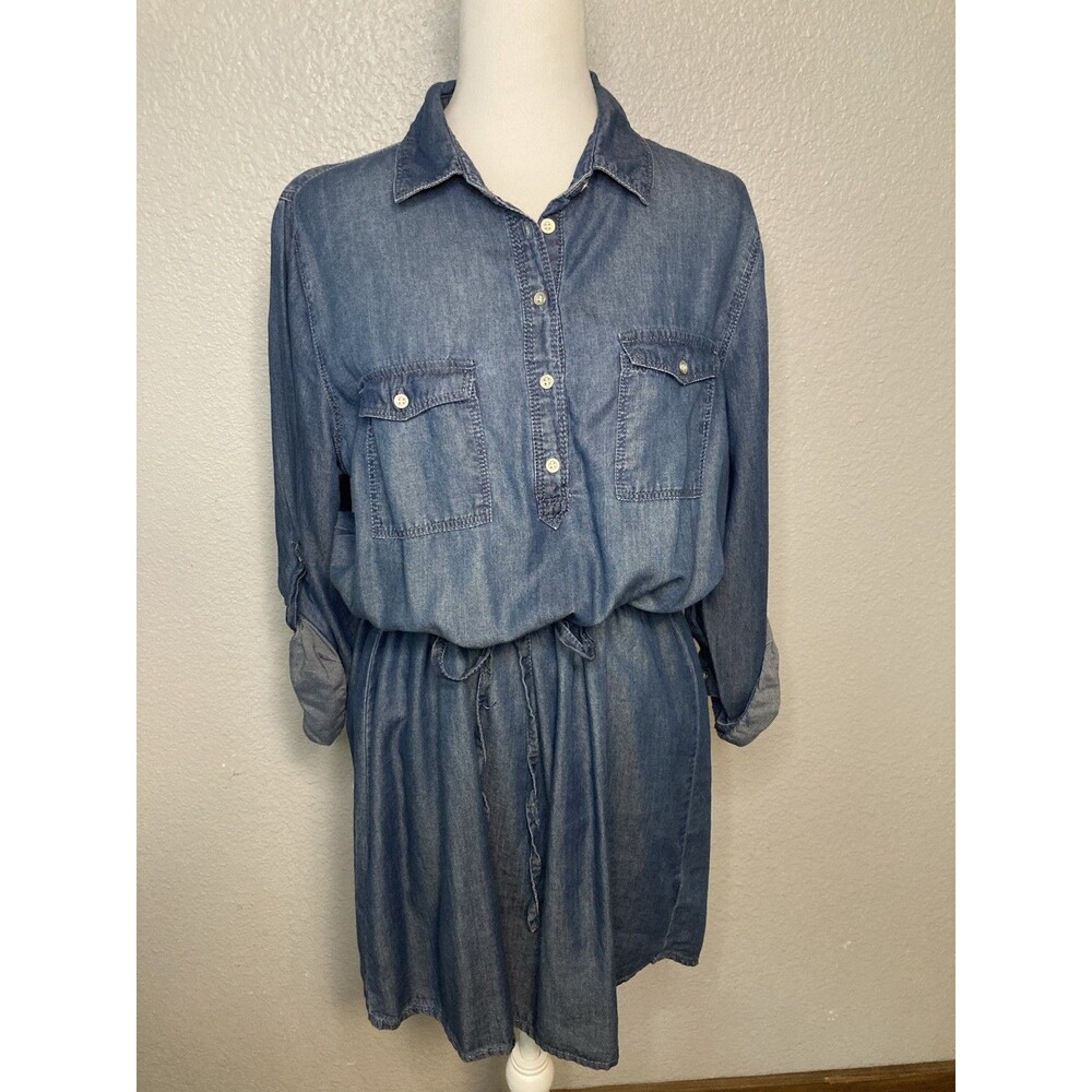 Gloria Vanderbilt Dress M Denim Short Mini Chambray Roll Tab Sleeve Drawstring